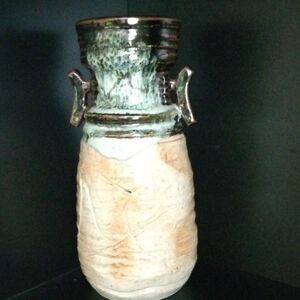 Hand Crafted Ceramic Vase with Green and Tan Highlights
